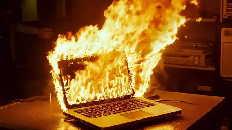 A laptop computer on fire on a desk in a dark room video